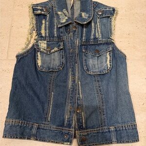 Free People distressed Vest With crochet back pockets Small Day trip denim EUC